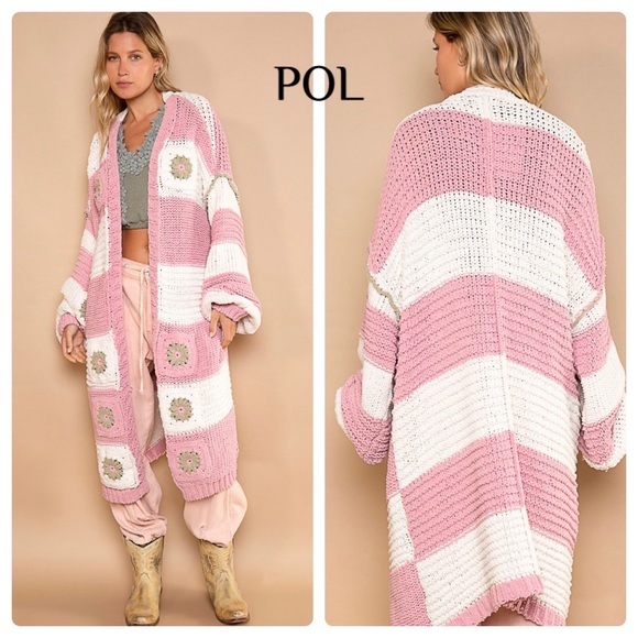 POL Sweaters - $55 start ❤️POL hand knit square patch striped long chenille cardigan sweater
